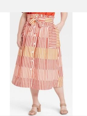 New Who What Wear Coral Orange/Red Striped Midi Belted Skirt 100% Cotton